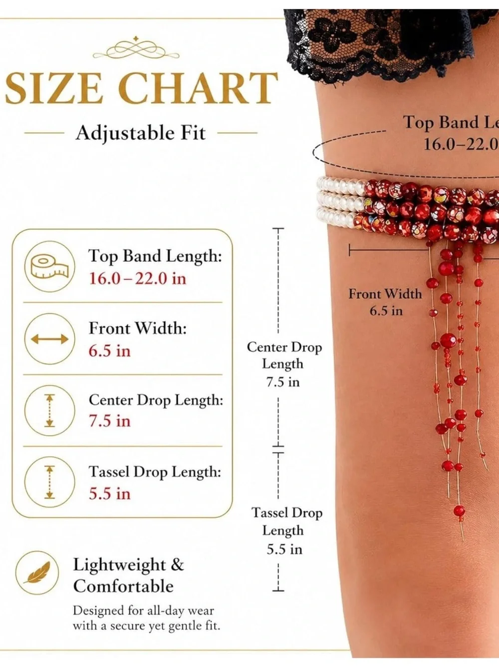 Gothic Pearl & Red Beaded Thigh Garter with Cascading Charm Strands